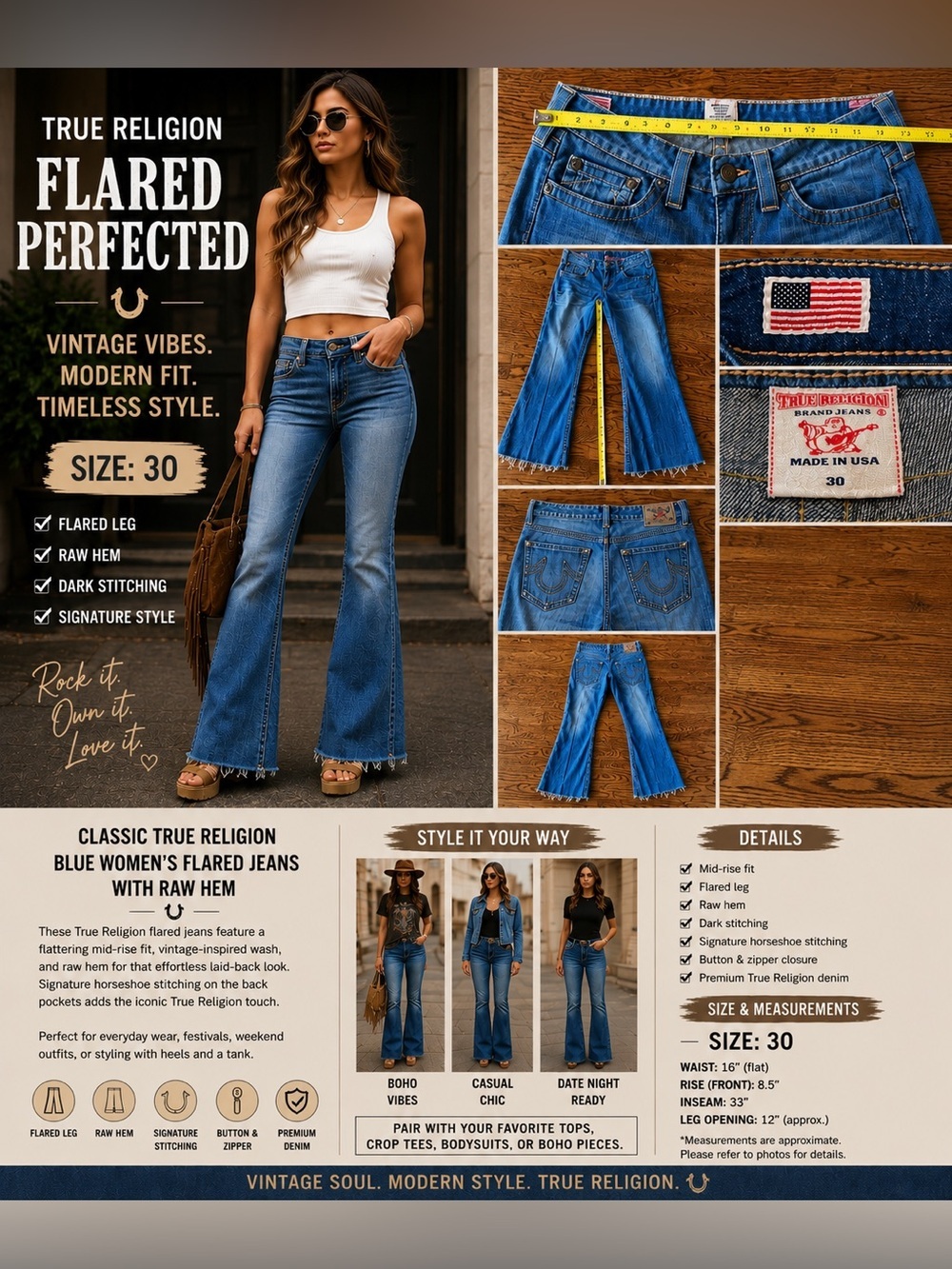 True Religion Blue Women's Flared Jeans with Raw Hem